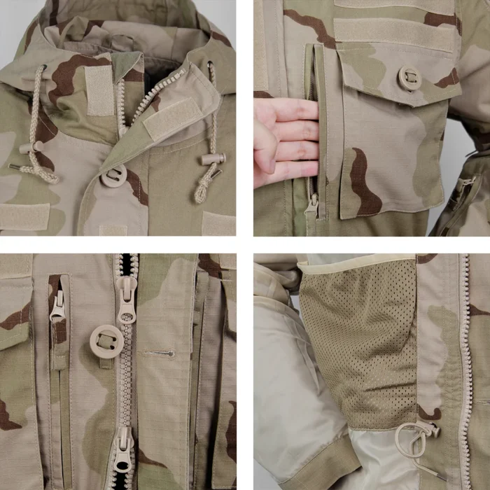 Close-up of waterproof camo jacket showing sturdy zipper, mesh lining, and reinforced stitching for long-lasting tactical use.