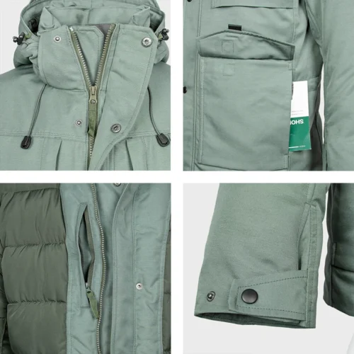 Close-up of tactical winter jacket featuring reinforced zipper, large utility pockets, and adjustable cuffs for secure fit and durability.
