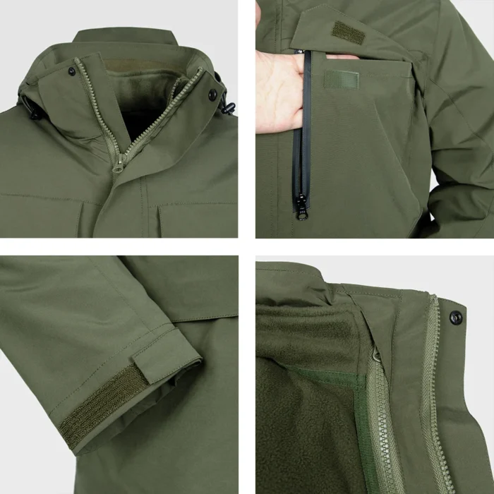 Close-up details of the army green 3 in 1 waterproof jacket, showing durable zippers, secure pockets, and adjustable Velcro cuffs. Built for rugged outdoor use.