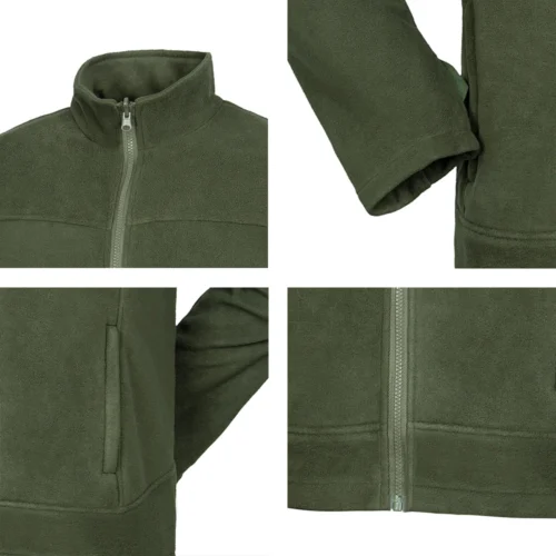 Close-up details of the army green polar fleece jacket showing soft fleece texture, zipper closure, and sleeve design. Comfortable and durable for outdoor wear.