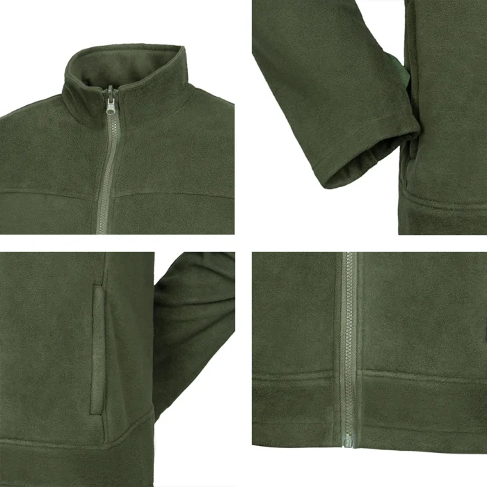 Close-up details of the army green polar fleece jacket showing soft fleece texture, zipper closure, and sleeve design. Comfortable and durable for outdoor wear.