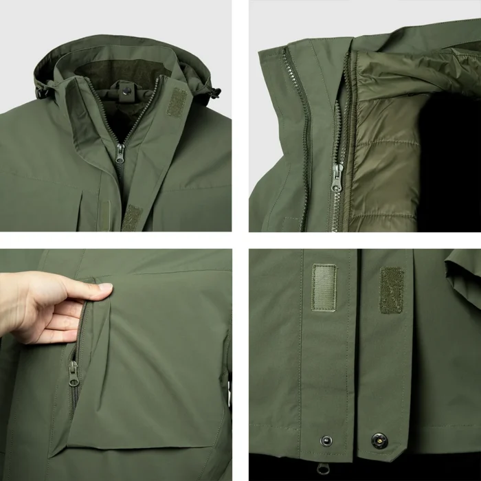 Close-up view of army green 3 in 1 waterproof jacket showing zippers, pockets, and detachable design. Durable and weather-resistant construction.