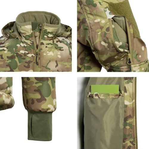 Close-up details of CP camo tactical winter jacket featuring multi-pocket design, durable fabric, and reinforced stitching for field performance.