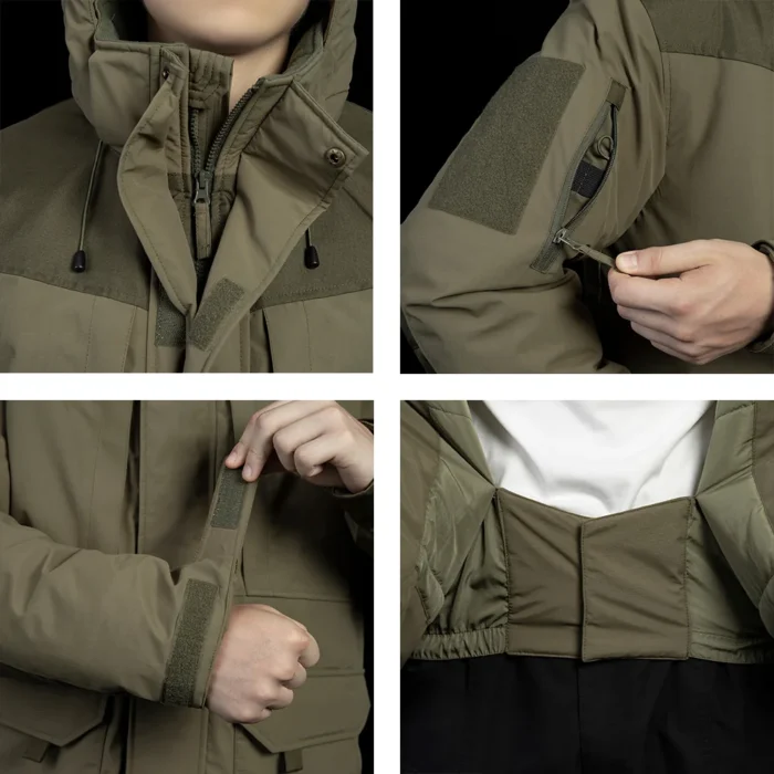 Detailed view of winter tactical coat with multi-pocket system, adjustable cuffs, and durable zippers. Practical and functional for military use.