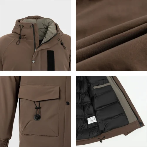 Close-up view of men’s brown down jacket showing hood, fabric texture, pocket design, and quilted lining for warmth.