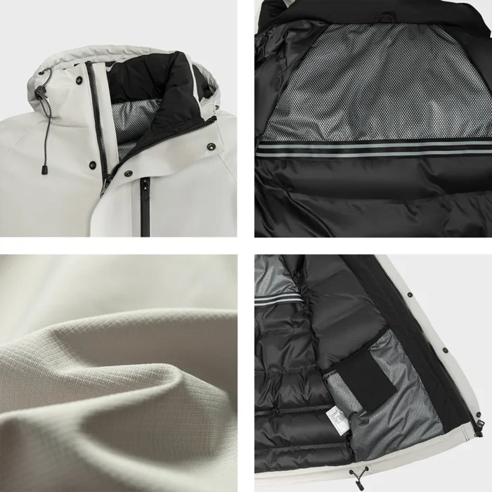 Close-up view of beige men’s down jacket showing fabric texture, inner lining, zipper, and adjustable hood design.