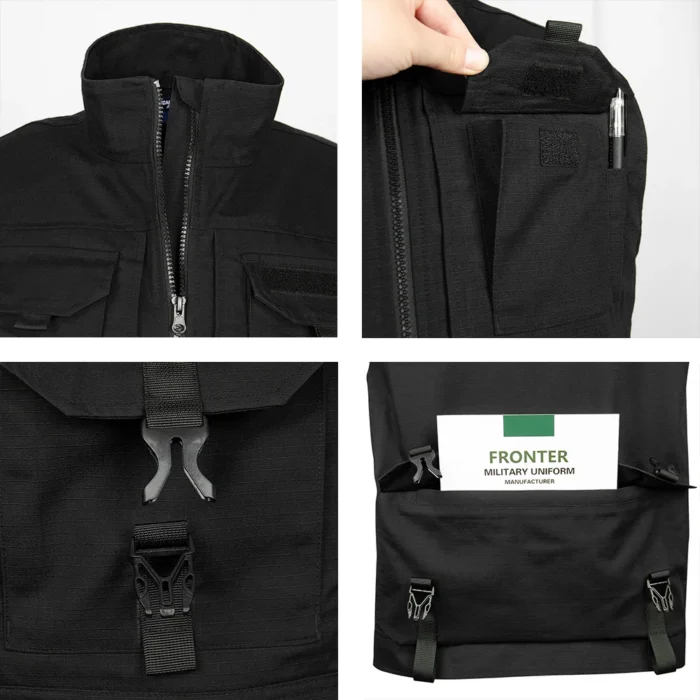 Close-up of black tactical vest showing zippers, buckles, and pocket layout. Heavy-duty and functional design for tactical performance.