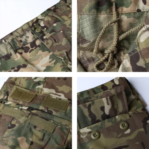 Close-up view of ACU tactical pants showing reinforced stitching, drawstring waist, and Velcro pocket design for practical durability.