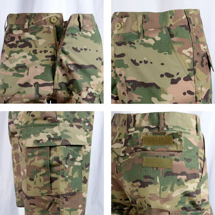 Close-up view of camo cargo shorts showing reinforced seams, Velcro pockets, and durable ripstop fabric for tactical and outdoor use.