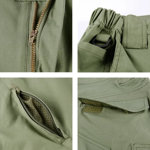 Close-up view of outdoor pants showing zippers, pocket design, and reinforced stitching. Breathable fabric ideal for hiking, camping, and tactical use.