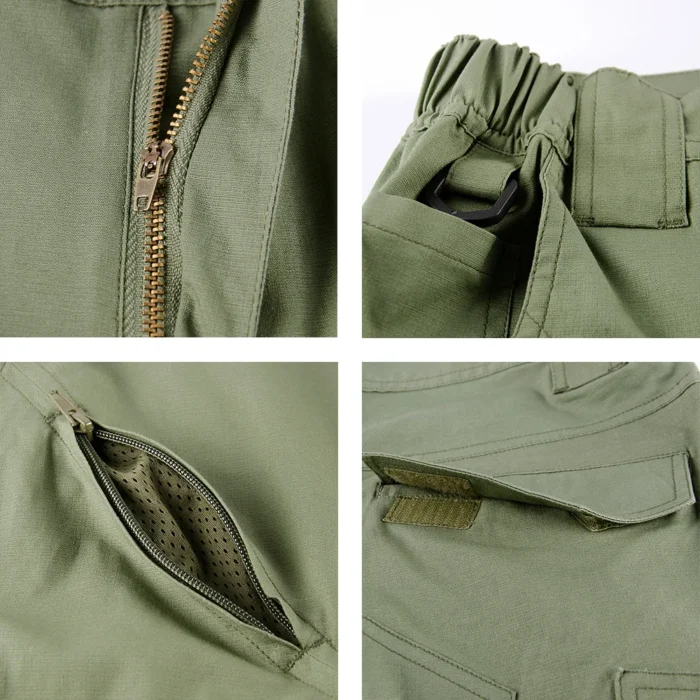 Close-up view of outdoor pants showing zippers, pocket design, and reinforced stitching. Breathable fabric ideal for hiking, camping, and tactical use.