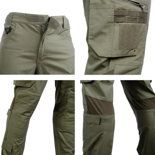 Close-up view of army green tactical pants showing ripstop fabric, reinforced knees, elastic waist, and multi-pocket utility design.