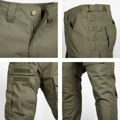 Close-up of waterproof tactical pants showing MOLLE webbing, velcro pockets, zipper fly, and reinforced knee design for outdoor performance.