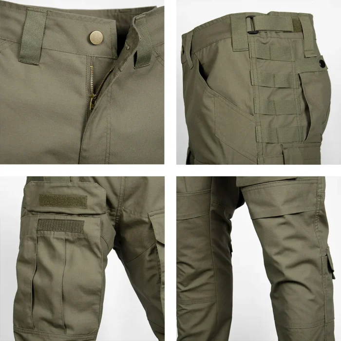 Close-up of waterproof tactical pants showing MOLLE webbing, velcro pockets, zipper fly, and reinforced knee design for outdoor performance.