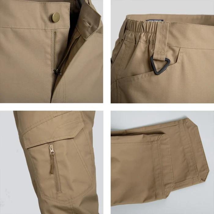 Close-up details of men’s outdoor pants showing metal zipper, D-ring hook, side cargo pocket, and reinforced stitching for durability.