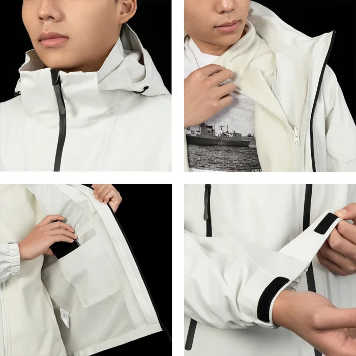 Close-up details of men’s 3 in 1 waterproof jacket showing smooth zipper, detachable fleece liner, adjustable cuffs, and interior pockets for practical use.