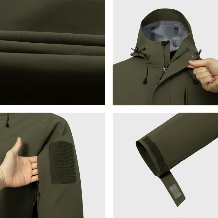 Close-up waterproof windproof jacket details showing fabric texture, zippers, velcro cuffs, and hood construction. Highlighting durability and weather protection.