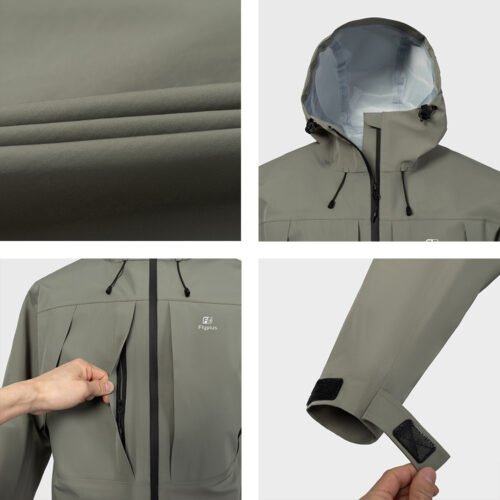 Close-up details of waterproof shell jacket showing smooth zippers, taped seams, adjustable cuffs, and durable waterproof fabric for professional outdoor use.