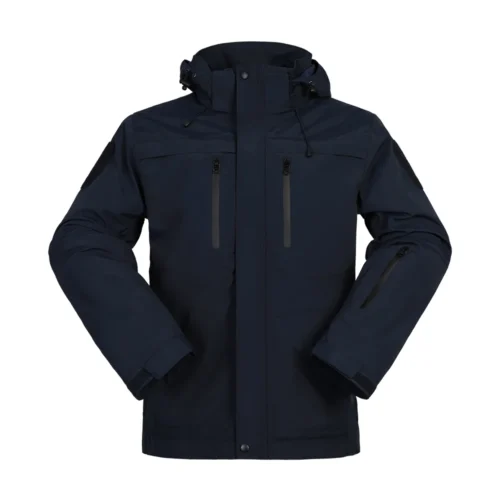 Navy blue winter tactical coat with insulated liner and weatherproof shell. Designed for comfort and protection during cold tactical operations.