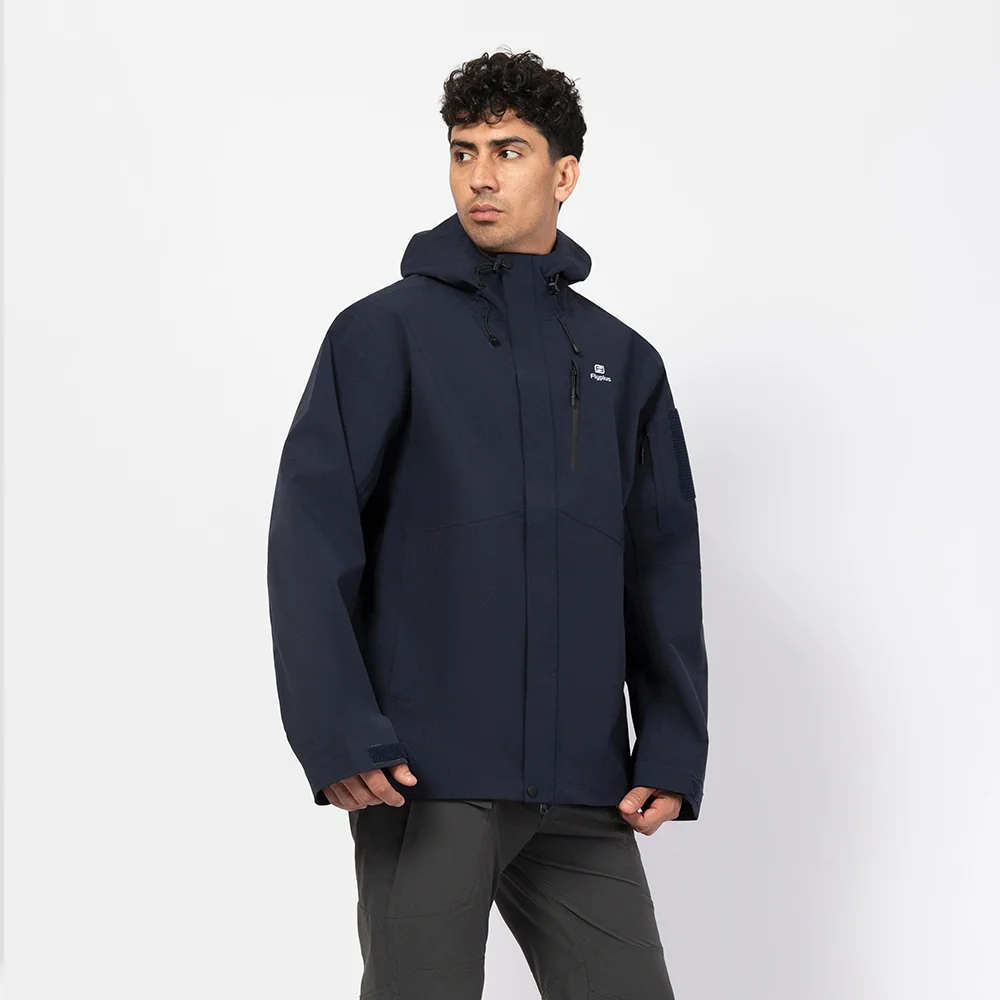 Navy blue waterproof windproof jacket with high-collar hood and taped seams. Perfect for outdoor travel, camping, and all-weather wear.