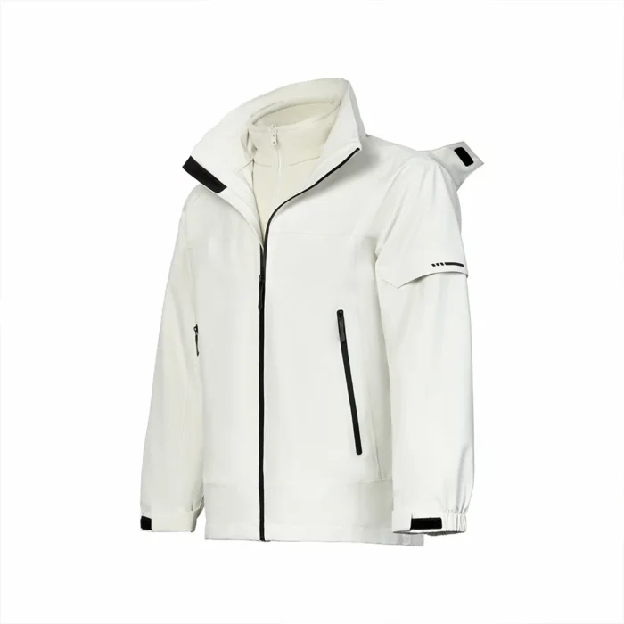 Ivory white 3 in 1 men’s waterproof jacket with removable fleece inner and weatherproof outer shell. Ideal for outdoor travel, hiking, and daily wear.
