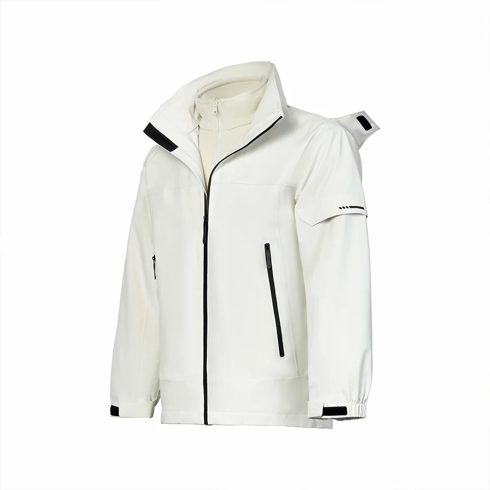Ivory white 3 in 1 men’s waterproof jacket with removable fleece inner and weatherproof outer shell. Ideal for outdoor travel, hiking, and daily wear.