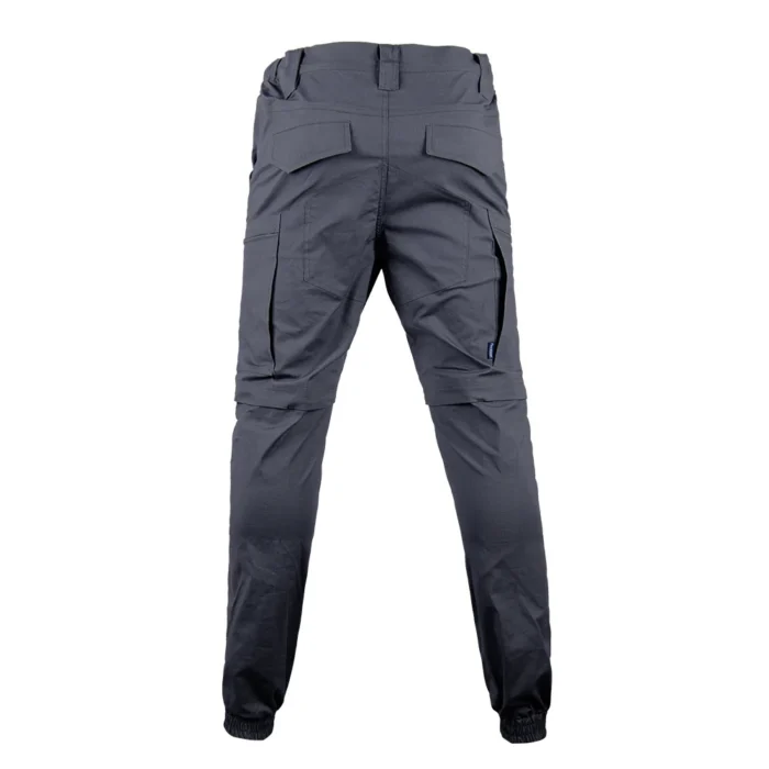 Iron gray outdoor pants made of quick-dry, tear-resistant fabric with elastic cuffs and multiple pockets for outdoor work or hiking.