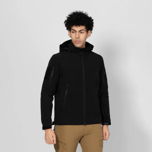 Men’s black lightweight jacket designed for outdoor activities. Windproof, water-resistant, and flexible for hiking, camping, and daily wear.