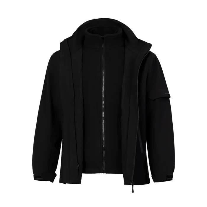 Classic black men’s 3 in 1 waterproof jacket with removable fleece inner and durable outer shell. Perfect for outdoor work, hiking, and cold-weather protection.