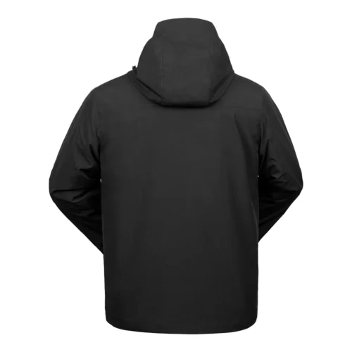 Back view of black 3 in 1 waterproof jacket for men with adjustable hood and classic outdoor design. Perfect for hiking, working, and winter wear.