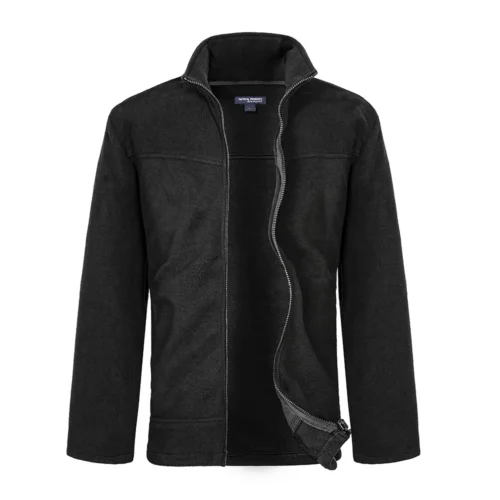 Black polar fleece jacket for men, lightweight and warm with full zipper front. Perfect for outdoor layering and daily casual wear in cold weather.