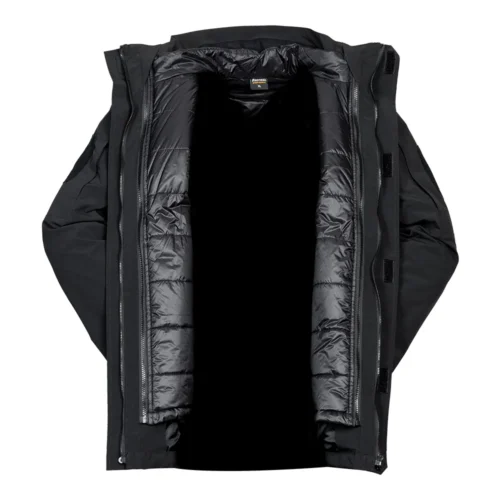 Inside view of black 3 in 1 waterproof jacket showing thermal insulation and detachable liner design for versatile winter use.