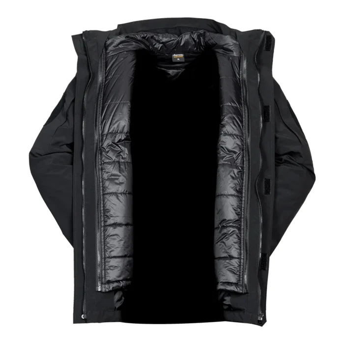 Inside view of black 3 in 1 waterproof jacket showing thermal insulation and detachable liner design for versatile winter use.