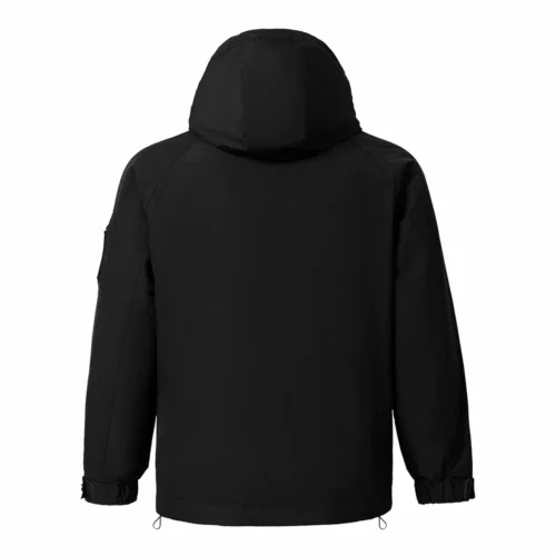 Back view of men’s black down jacket with hood and elastic cuffs. Sleek, durable design for outdoor winter comfort.