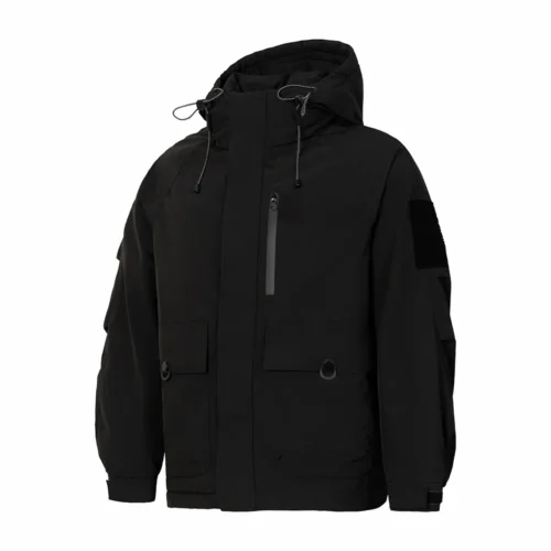 Front view of men’s black down jacket with hood and multiple pockets. Warm, windproof design ideal for winter outdoor wear.
