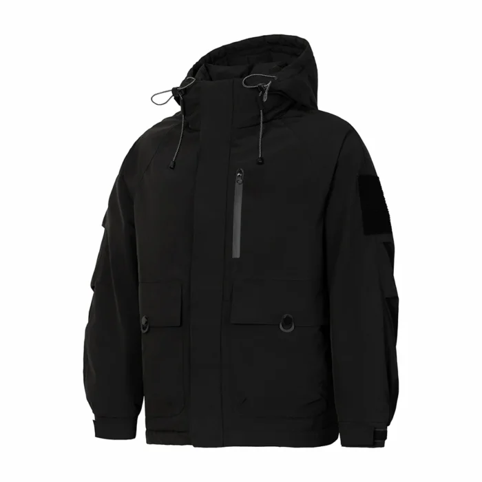 Front view of men’s black down jacket with hood and multiple pockets. Warm, windproof design ideal for winter outdoor wear.