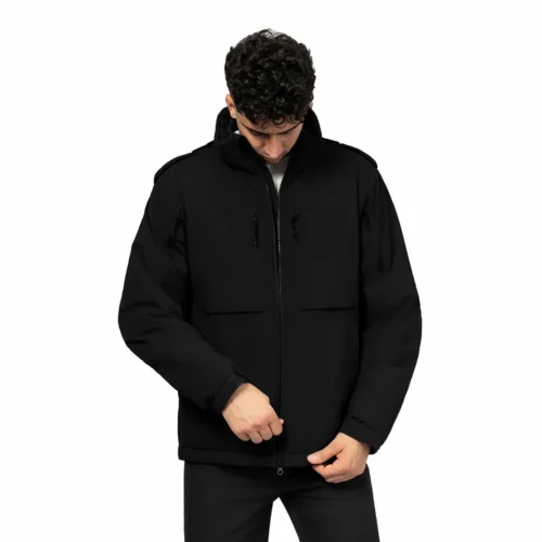 Black waterproof winter jacket for men featuring durable shell, high collar, and front zipper closure for reliable warmth.
