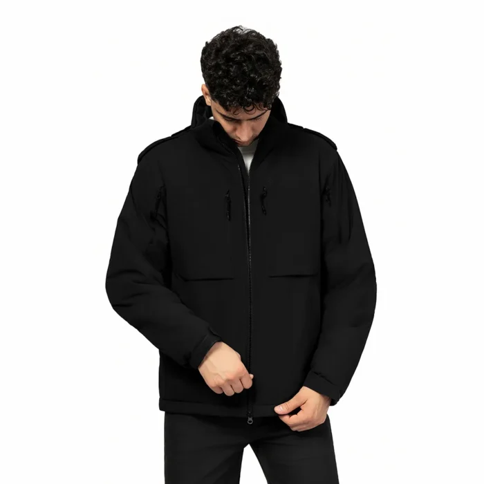 Black waterproof winter jacket for men featuring durable shell, high collar, and front zipper closure for reliable warmth.