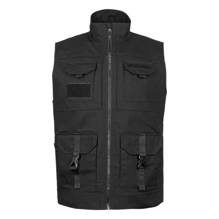 Men’s black tactical vest with multiple storage pockets, durable zippers, and adjustable buckles. Ideal for army, police, or outdoor use.