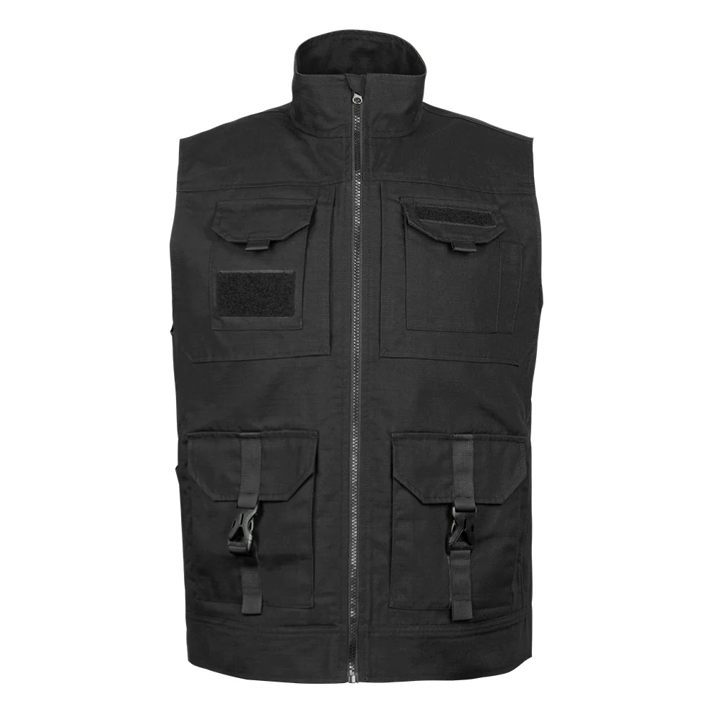 Men’s black tactical vest with multiple storage pockets, durable zippers, and adjustable buckles. Ideal for army, police, or outdoor use.