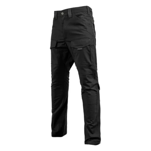 Black waterproof tactical pants made with water-resistant ripstop fabric and cargo pockets, suitable for tactical work and outdoor activities.