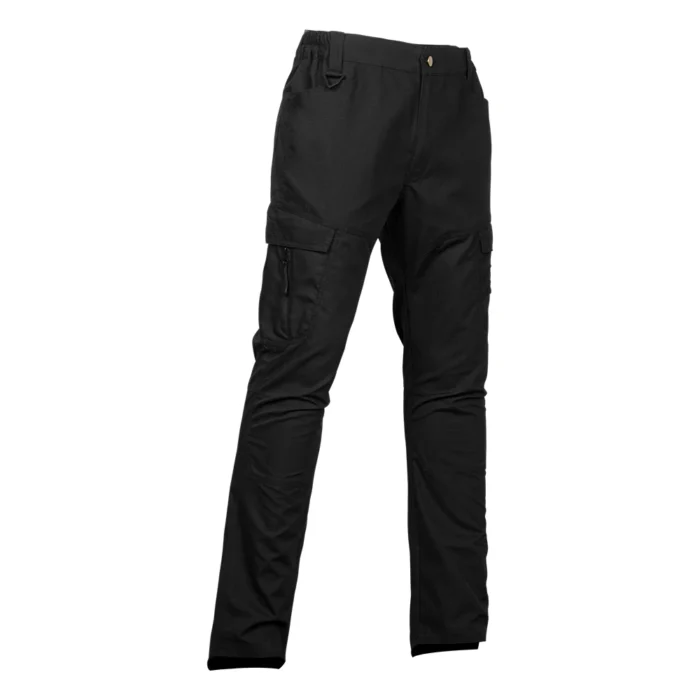 Black outdoor pants for men featuring waterproof ripstop material, side zip pockets, and a straight-leg fit, perfect for hiking and travel.