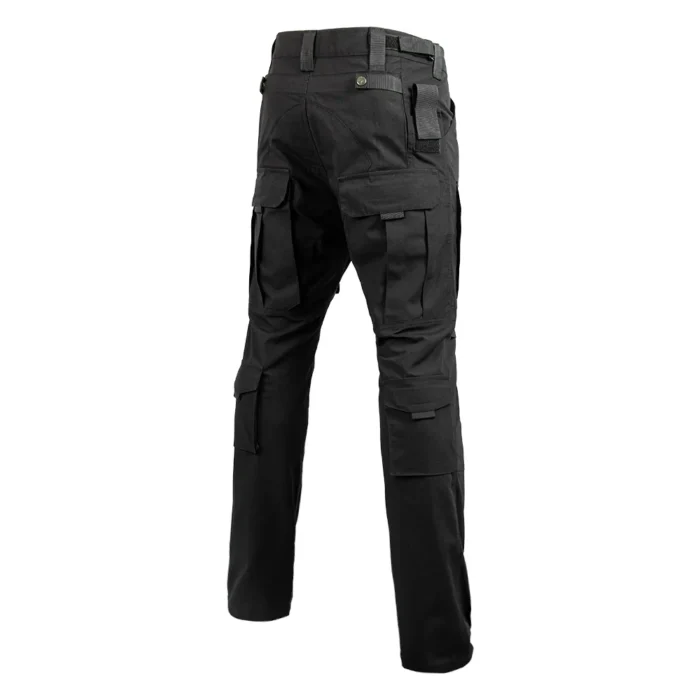 Black waterproof tactical pants featuring side cargo pockets, stretch waist, and reinforced seat for comfort during heavy-duty tasks.
