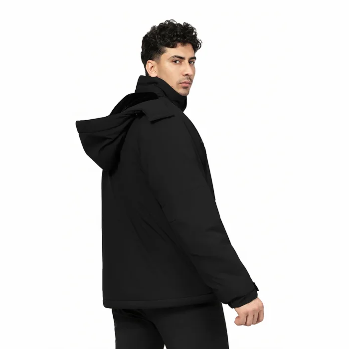 Back-side view of men’s black waterproof jacket with hood, zip pockets, and windproof protection for winter activities.