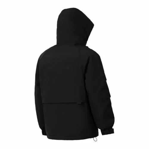 Back view of men’s black down jacket featuring hood, elastic cuffs, and quilted stitching for added warmth.