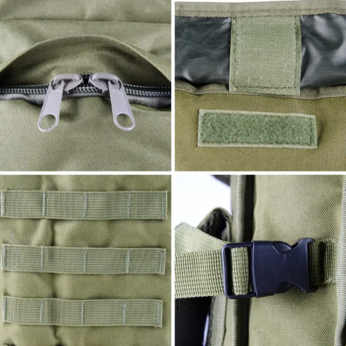 Primer plano detallado de los componentes de la mochila táctica, incluyendo cremalleras, panel de velcro, correas MOLLE y hebillas resistentes.