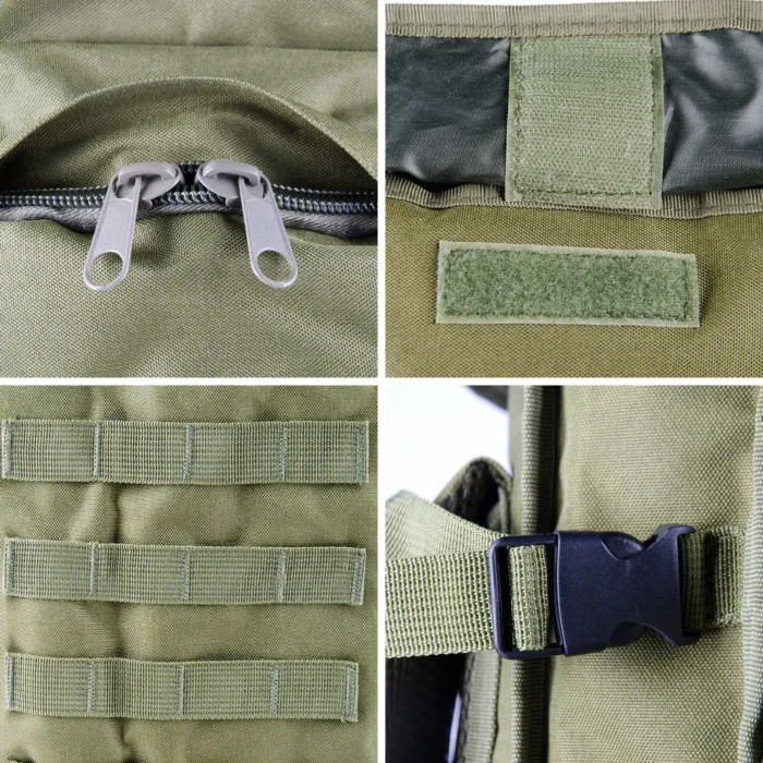 Primer plano detallado de los componentes de la mochila táctica, incluyendo cremalleras, panel de velcro, correas MOLLE y hebillas resistentes.