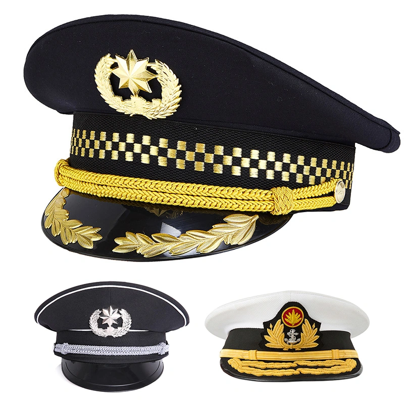 A set of premium military peaked caps featuring gold embroidery, polished visors, and classic officer uniform styling for police and military forces.