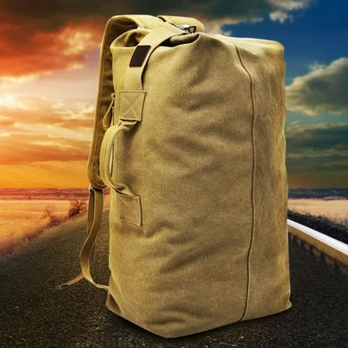 Outdoor lifestyle image showing the rugged Canvas Duffel Bag for military, hiking, and travel use. Ideal for wholesalers seeking durable high-capacity bags.