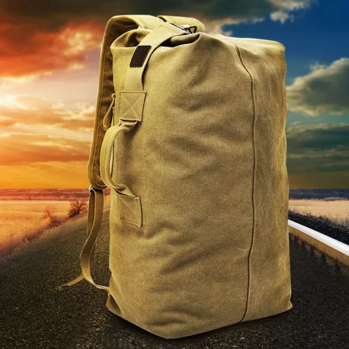 Outdoor lifestyle image showing the rugged Canvas Duffel Bag for military, hiking, and travel use. Ideal for wholesalers seeking durable high-capacity bags.